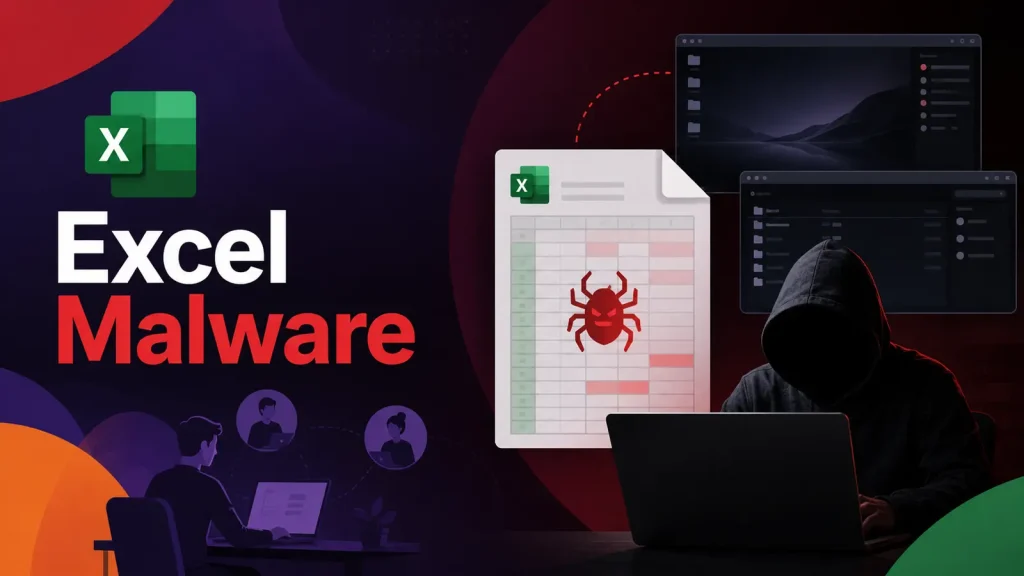 Russian-Hacker-Indicted-for-Using-Excel-Malware-to-Target-80000-Freelancers-With-TVRAT-and-DarkVNC-1024×576 A hooded figure at a laptop sits by an Excel file with a red bug icon. The text reads Excel Malware. Two dark computer screens and silhouettes of people are in the background.