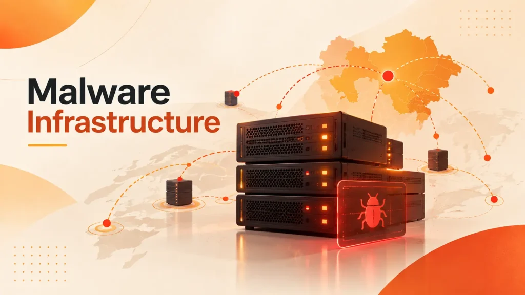 SilkParasite-Linked-Malware-Infrastructure-Traced-Back-Four-Years-Across-Central-Asia-1024×576 Three server stacks with glowing lights, a red warning icon with a bug, a map background, and the text Malware Infrastructure in bold. Connected smaller servers and an orange highlighted region are shown.