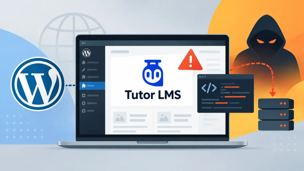Tutor-LMS-Flaw-Exposes-100000-WordPress-Sites-to-Remote-Code-Execution-1024×576 A laptop screen shows the Tutor LMS plugin on WordPress with a warning sign, beside a hooded figure, code, and server icons, suggesting a cybersecurity threat or vulnerability.
