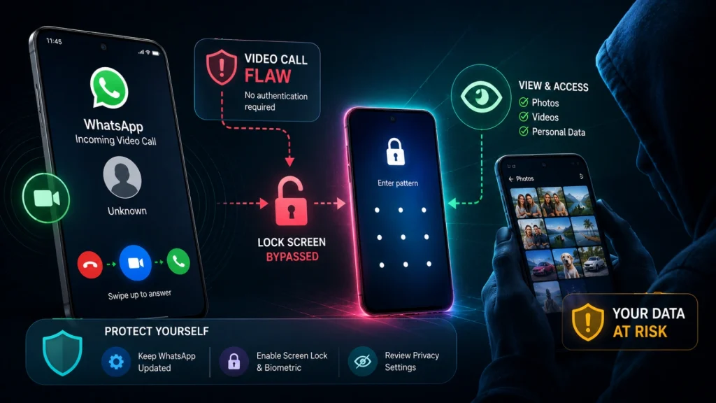 WhatsApp-Video-Call-Flaw-1024×576 Infographic showing a WhatsApp video call vulnerability, where a lock screen is bypassed and personal data like photos is at risk. Tips to protect yourself are displayed at the bottom.