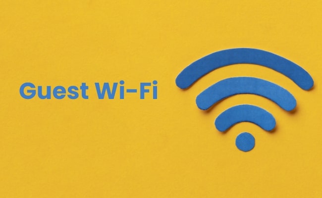 Blue text reading Guest Wi-Fi next to a blue Wi-Fi symbol on a yellow background.